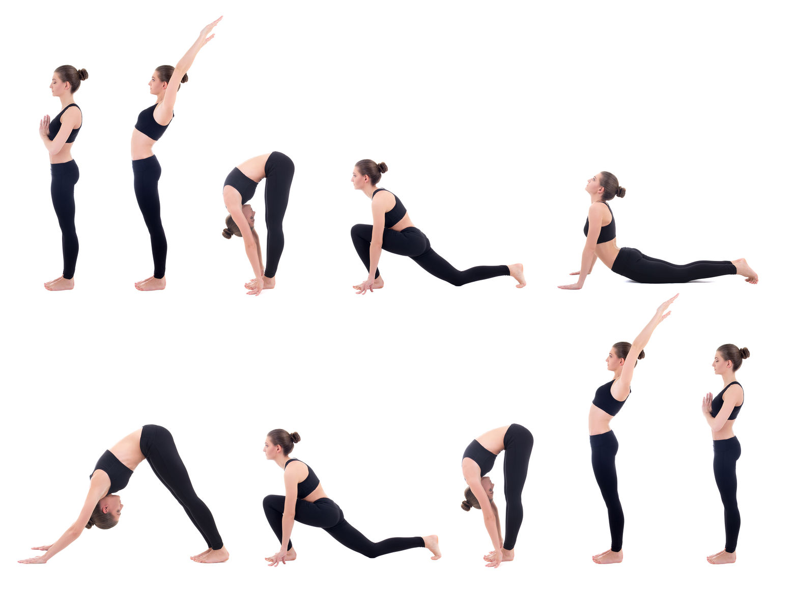 42654835 - beautiful slim woman in yoga sun salutation sequence poses isolated on white background