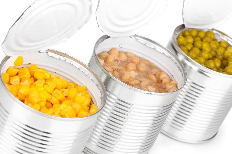 13517231 - open tin cans of corn, beans and peas isolated on white